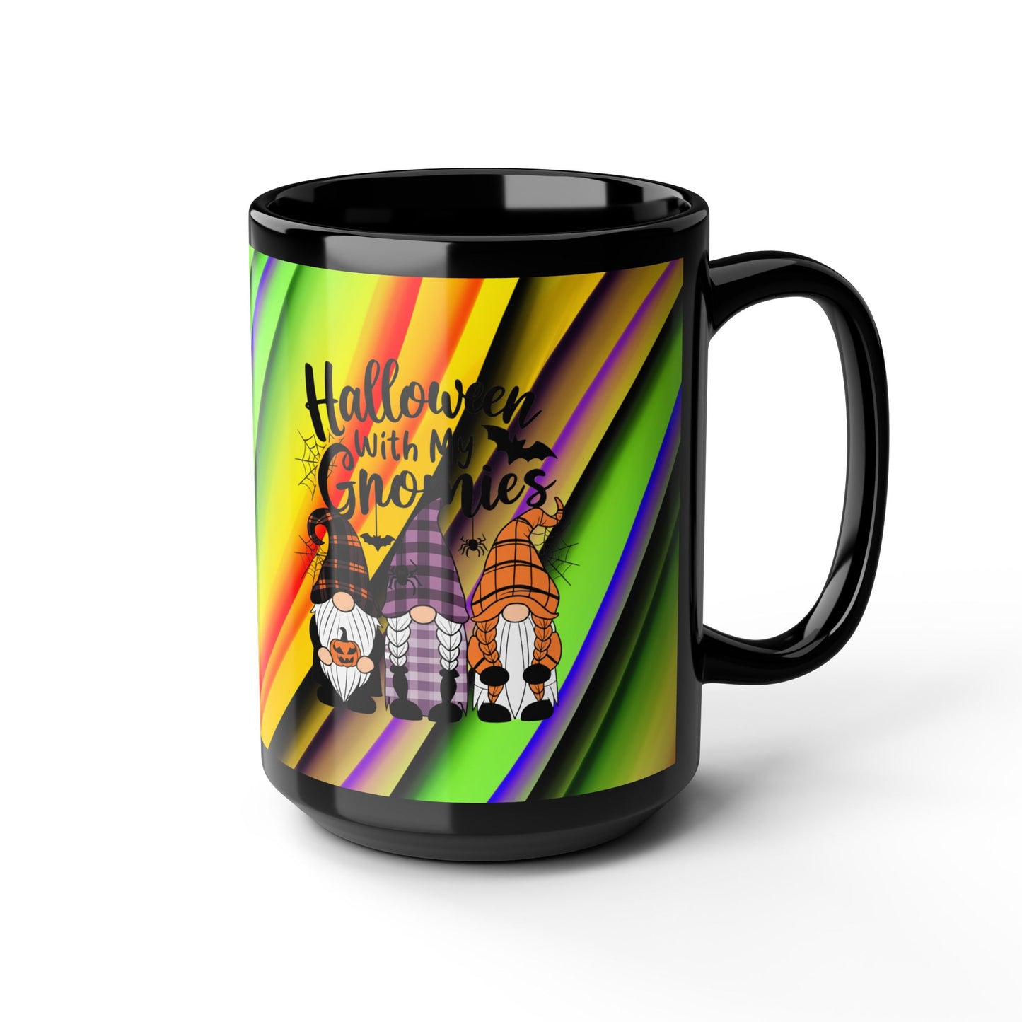 Halloween Theme Black Mug (11oz, 15oz), Cute Halloween Expression with Gnomes, Halloween Lovers, Gnome Lovers, Coffee, Tea, Hot Chocolate Lovers Gift Idea