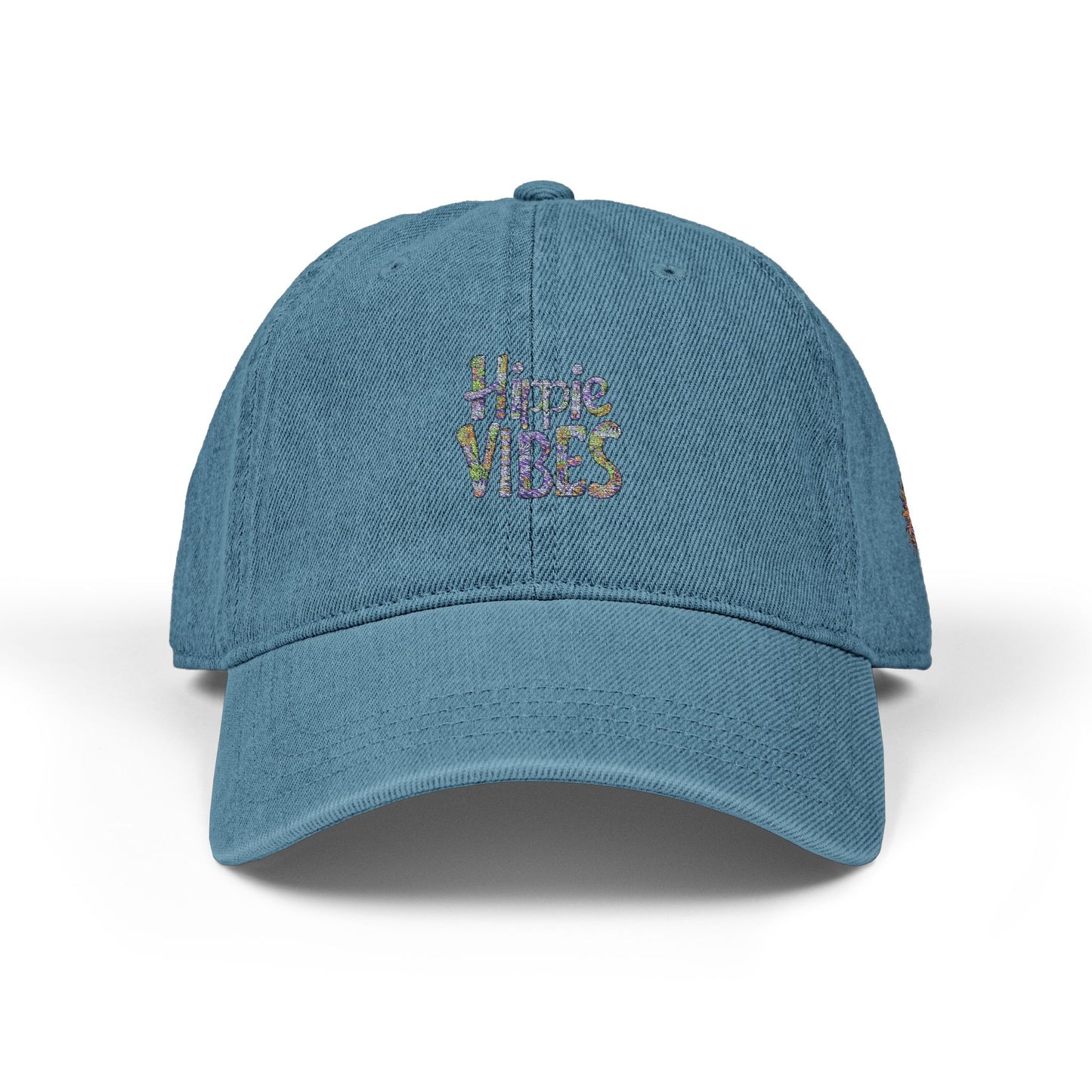 Hippie Vibes Denim Hat - Embroidered Adjustable Cap for Bohemian Style Lovers