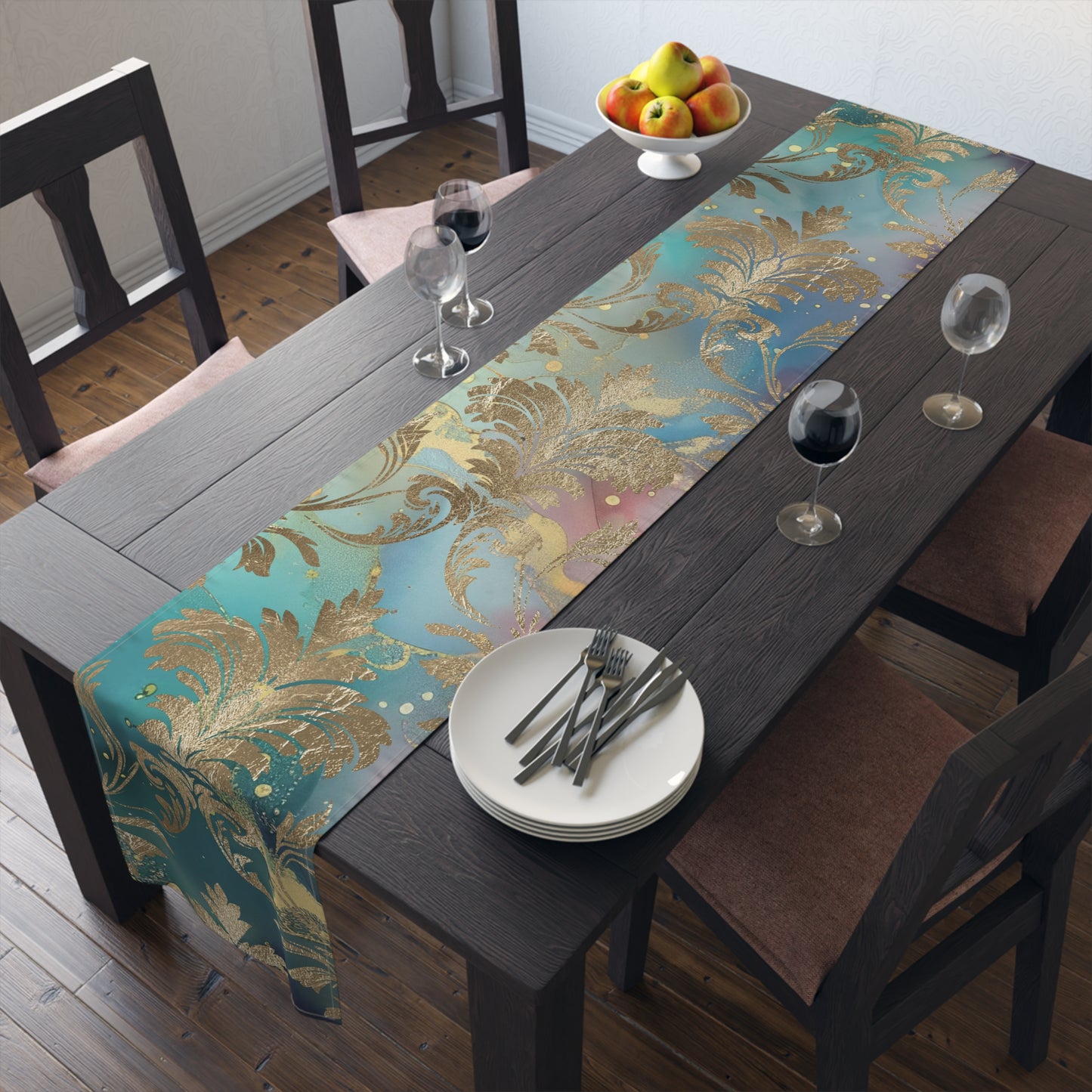 Elegant Floral Table Runner for Dining, Bohemian Home Decor, Wedding Table Decoration, Holiday Table Setting, Gold Foil Design