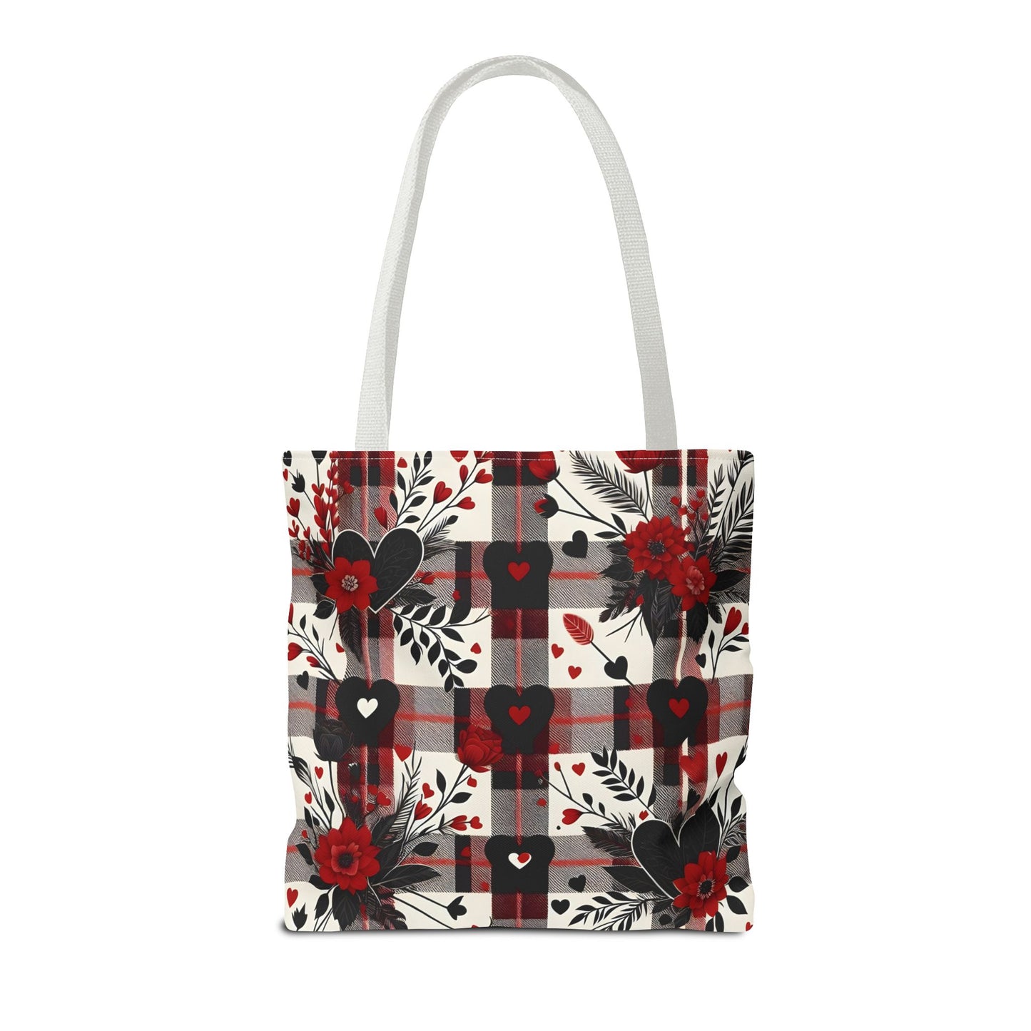 Fashionable Valentine Tote Bag (AOP) with Flowers and Hearts Plaid Design Pattern