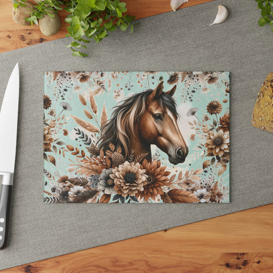 Equestrian Floral Glass Cutting Board - Perfect for Horse Lovers and Kitchen Decor