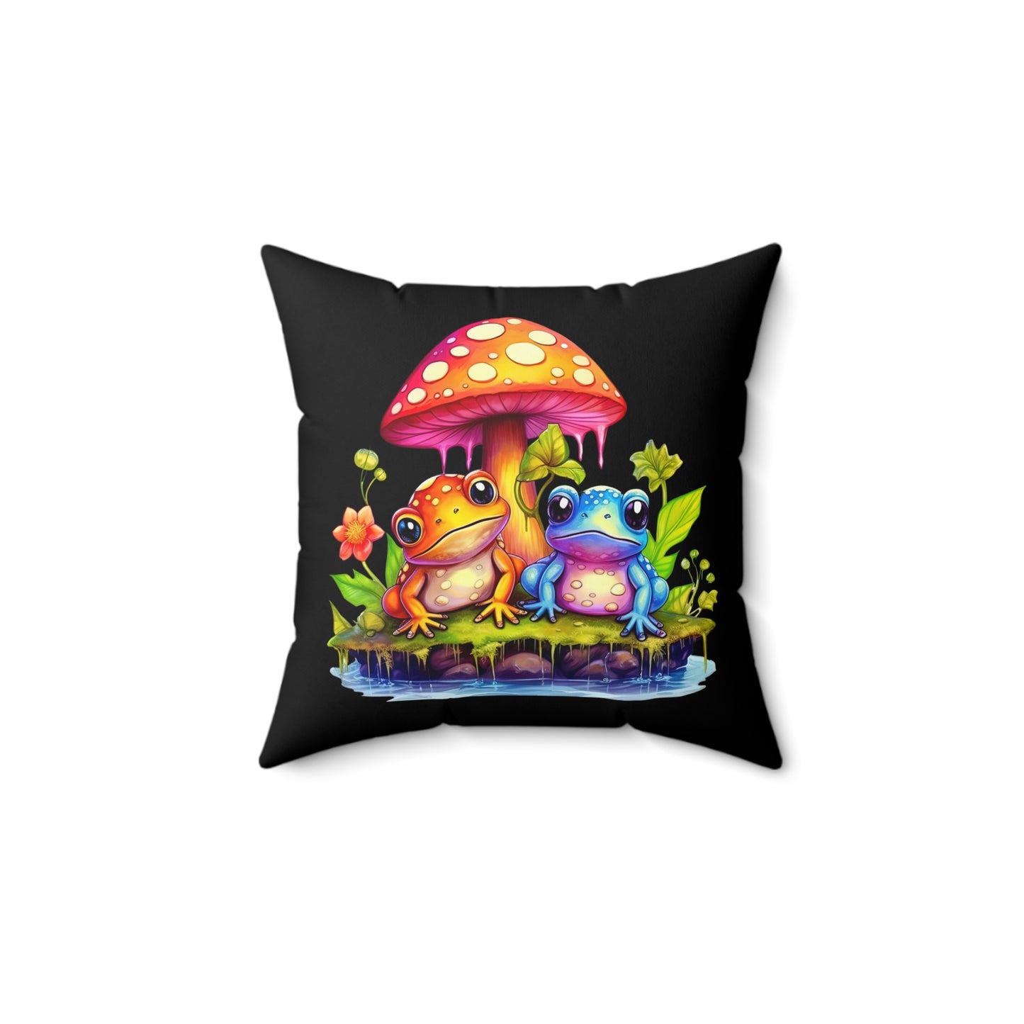 Mushroom with Frogs Spun Polyester Square Pillow, Stylish Mushroom with Frogs Decor for Home or Office, Great Gift Idea for Any Occasion