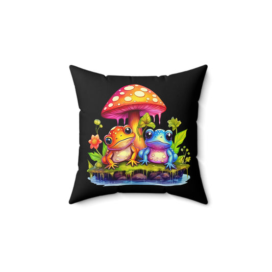 Mushroom with Frogs Spun Polyester Square Pillow, Stylish Mushroom with Frogs Decor for Home or Office, Great Gift Idea for Any Occasion