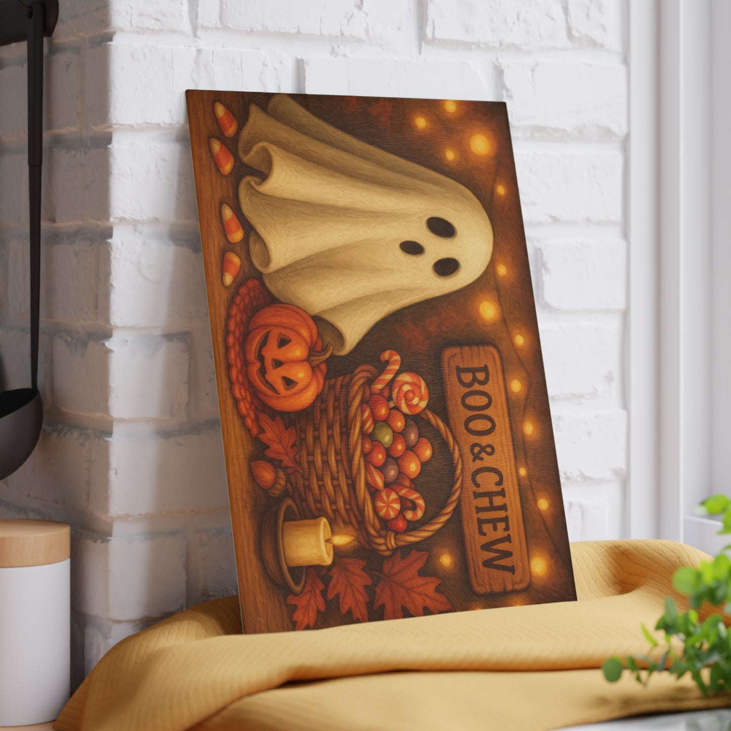 Halloween Themed Glass Cutting Board with 'Boo & Chew' Design
