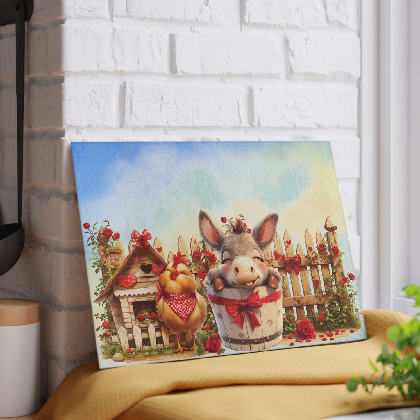 Glass Cutting Board - Cute Farm Donkey & Chicken Kitchen Decor, Heart Garland Rustic Countryside