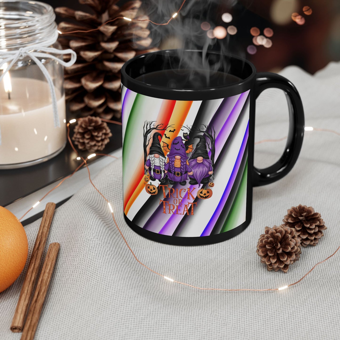 Halloween Theme Black Mug (11oz, 15oz), Cute Halloween Expression with Gnomes, Halloween Lovers, Gnome Lovers, Coffee, Tea, Hot Chocolate Lovers Gift Idea