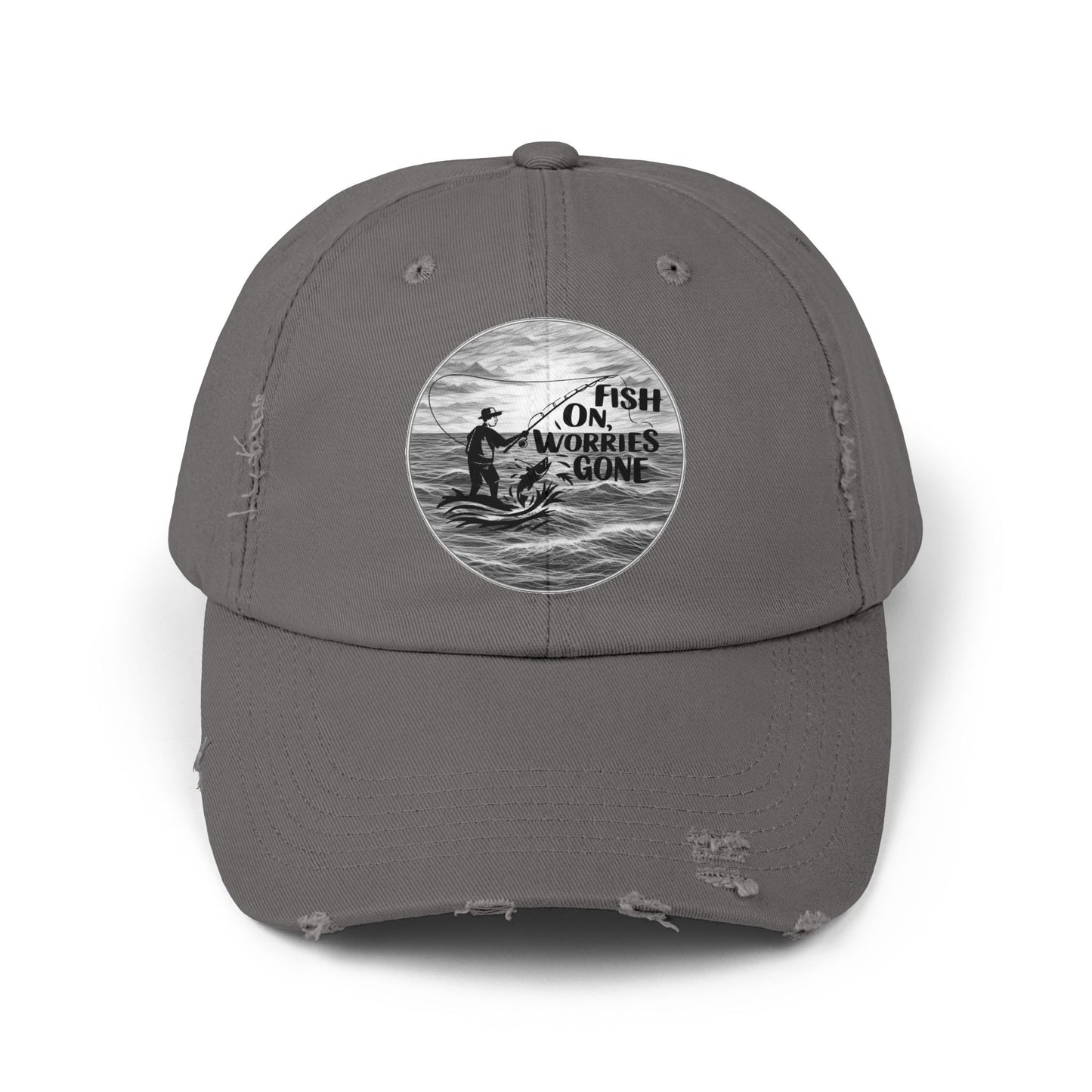 Fishing Themed "Fish On Worries Gone" Distressed Cap - Perfect Gift for Anglers, Outdoor Enthusiasts, Summer Vibes, Relaxation Hats, Fun Fishing Accessories