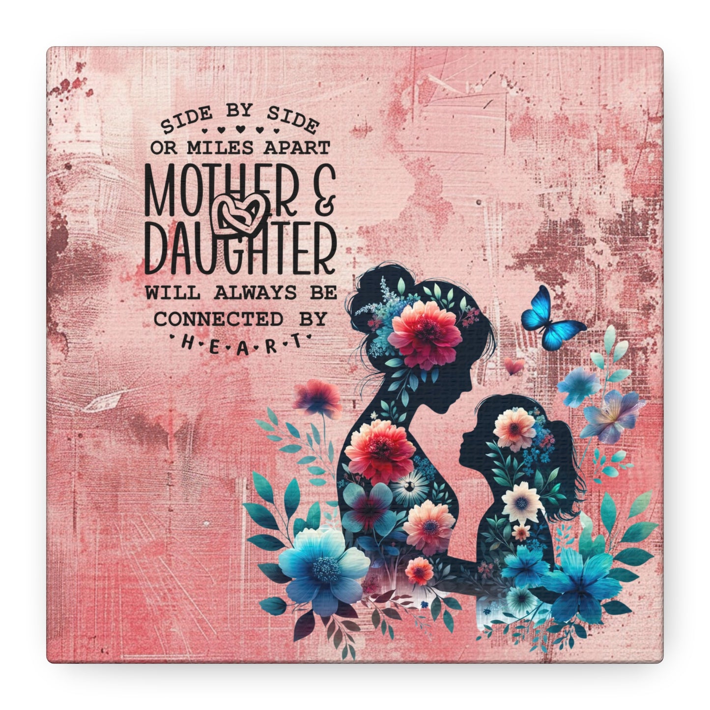 Mother-Daughter Love With Floral And Butterfly Canvas Wall Art Print