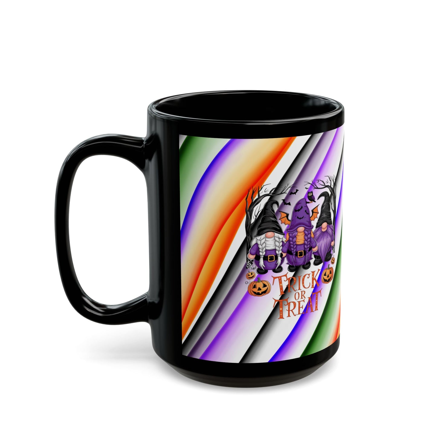 Halloween Theme Black Mug (11oz, 15oz), Cute Halloween Expression with Gnomes, Halloween Lovers, Gnome Lovers, Coffee, Tea, Hot Chocolate Lovers Gift Idea