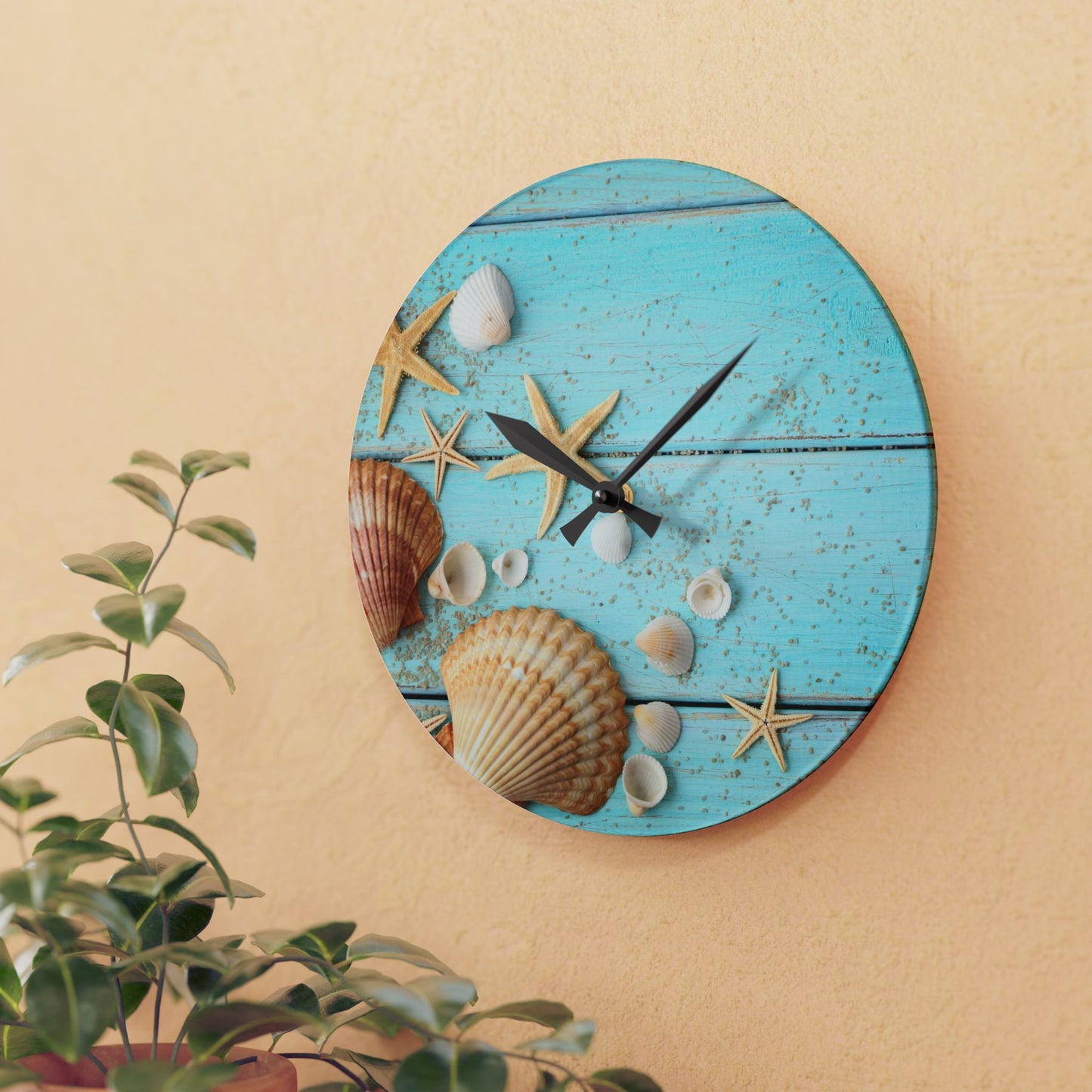 Sea Shells Acrylic Wall Clock - Coastal Beach Home Office Decor