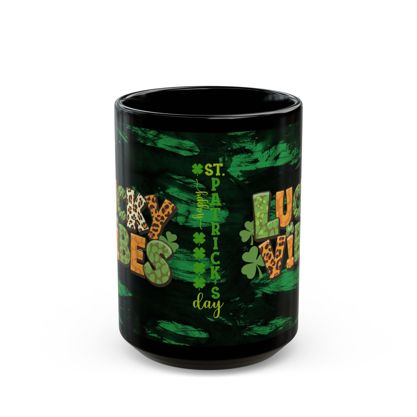 Lucky Vibes Black Mug — St. Patrick’s Day Leopard Print Shamrock Coffee Cup (11oz/15oz)