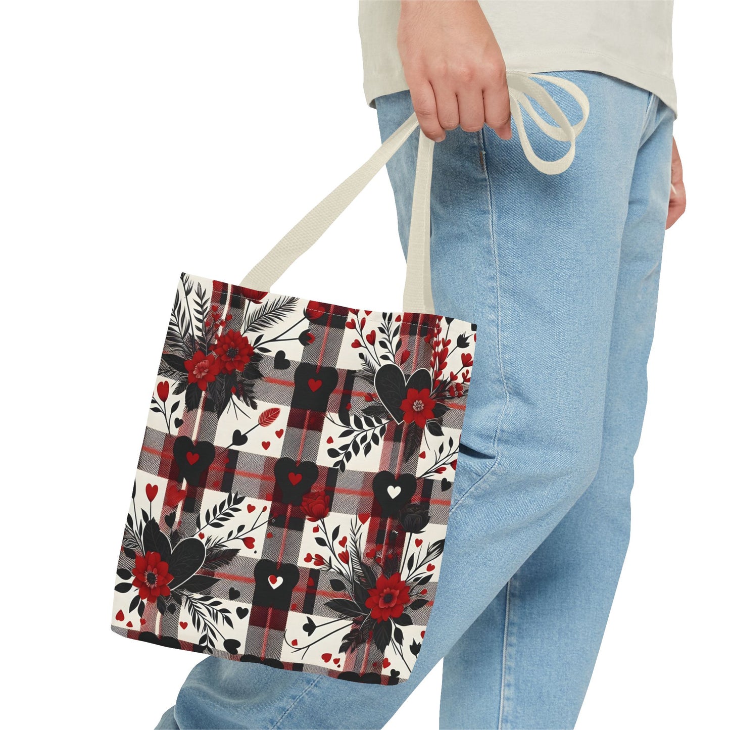 Fashionable Valentine Tote Bag (AOP) with Flowers and Hearts Plaid Design Pattern