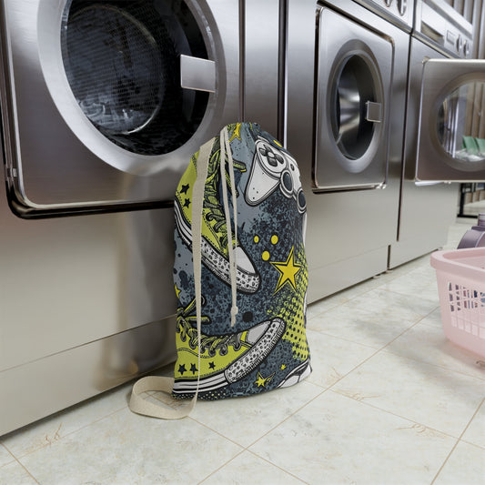 Sports & Gaming Laundry Bag — Soccer Ball, Sneakers & Controller Print