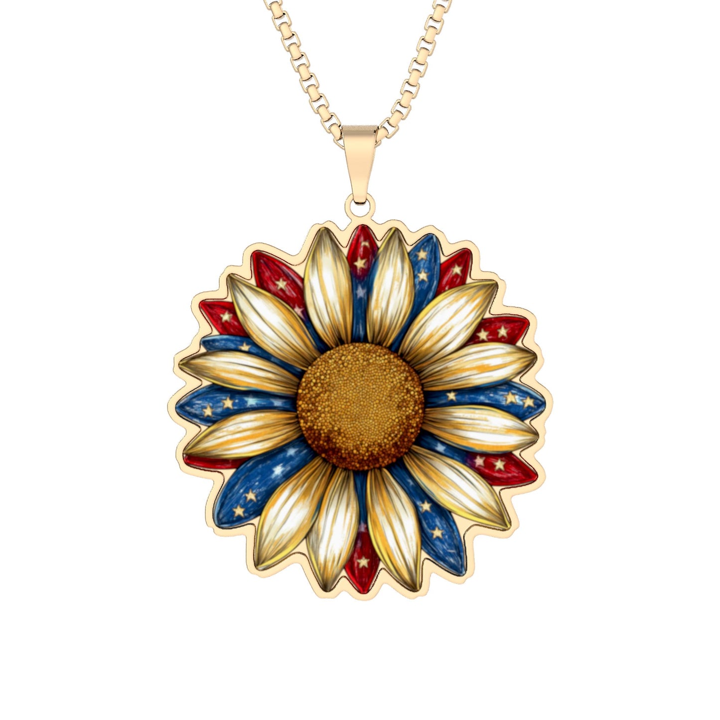 Sunflower Photo Pendant Necklace — Custom Cut Floral Keepsake (Patriotic Red & Blue)