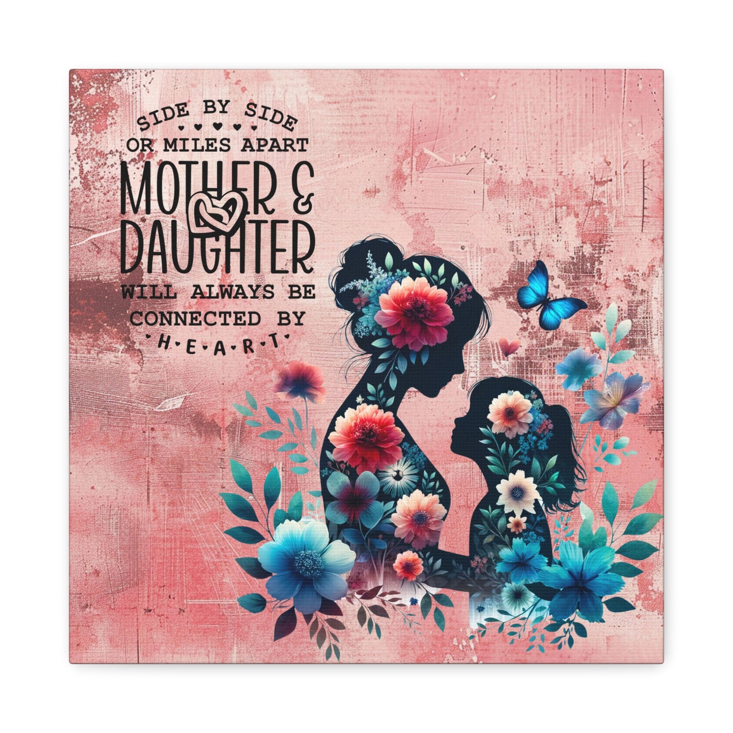 Mother-Daughter Love With Floral And Butterfly Canvas Wall Art Print