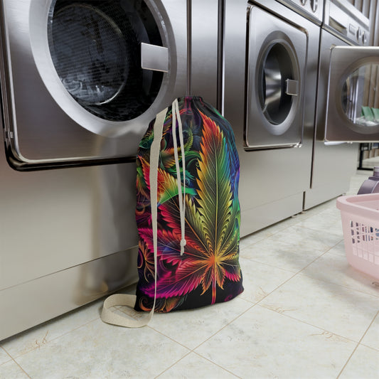 Botanical Rainbow Leaf Laundry Bag — Vibrant Drawstring Clothes Pouch