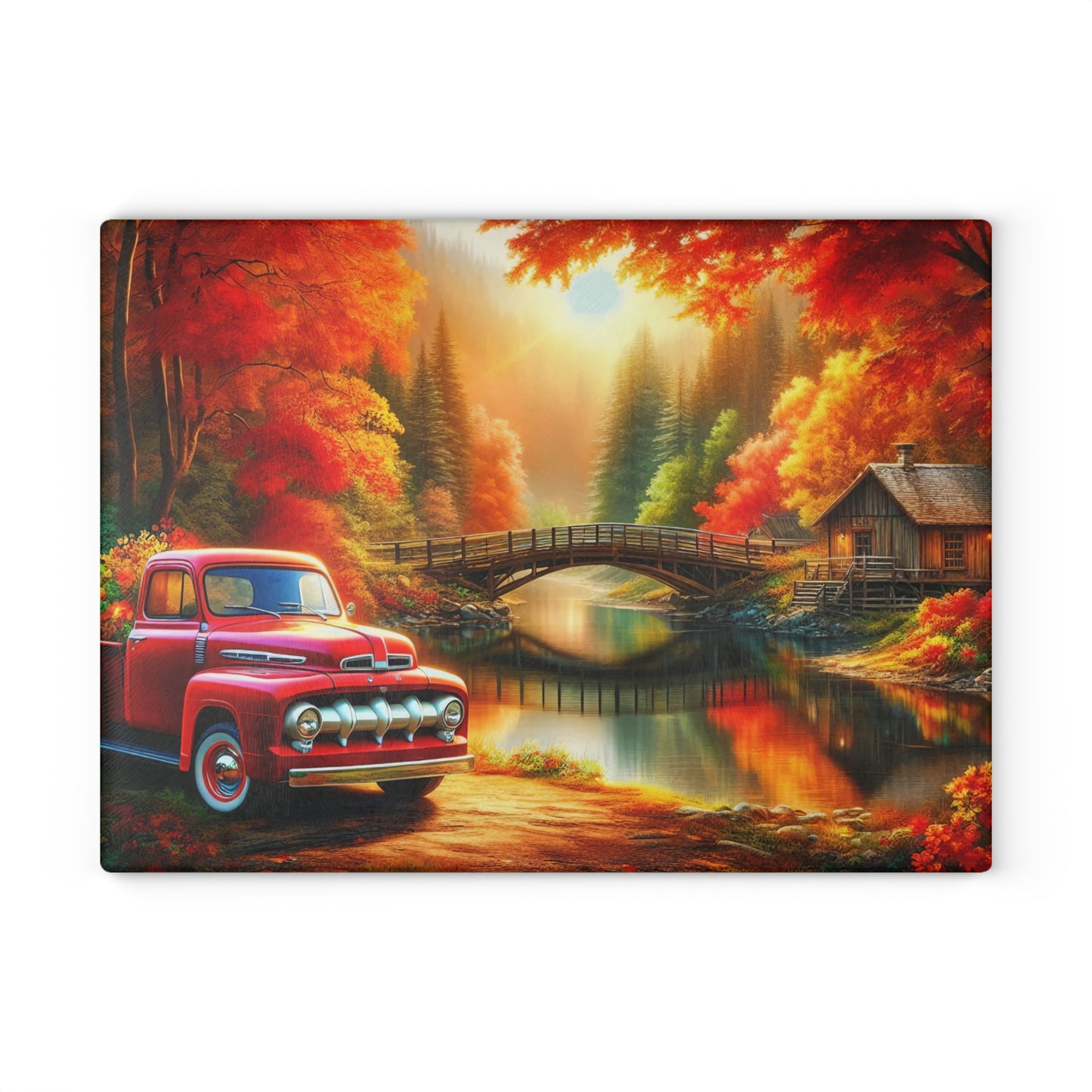 Rustic Autumn Glass Cutting Board with Vintage Truck Design