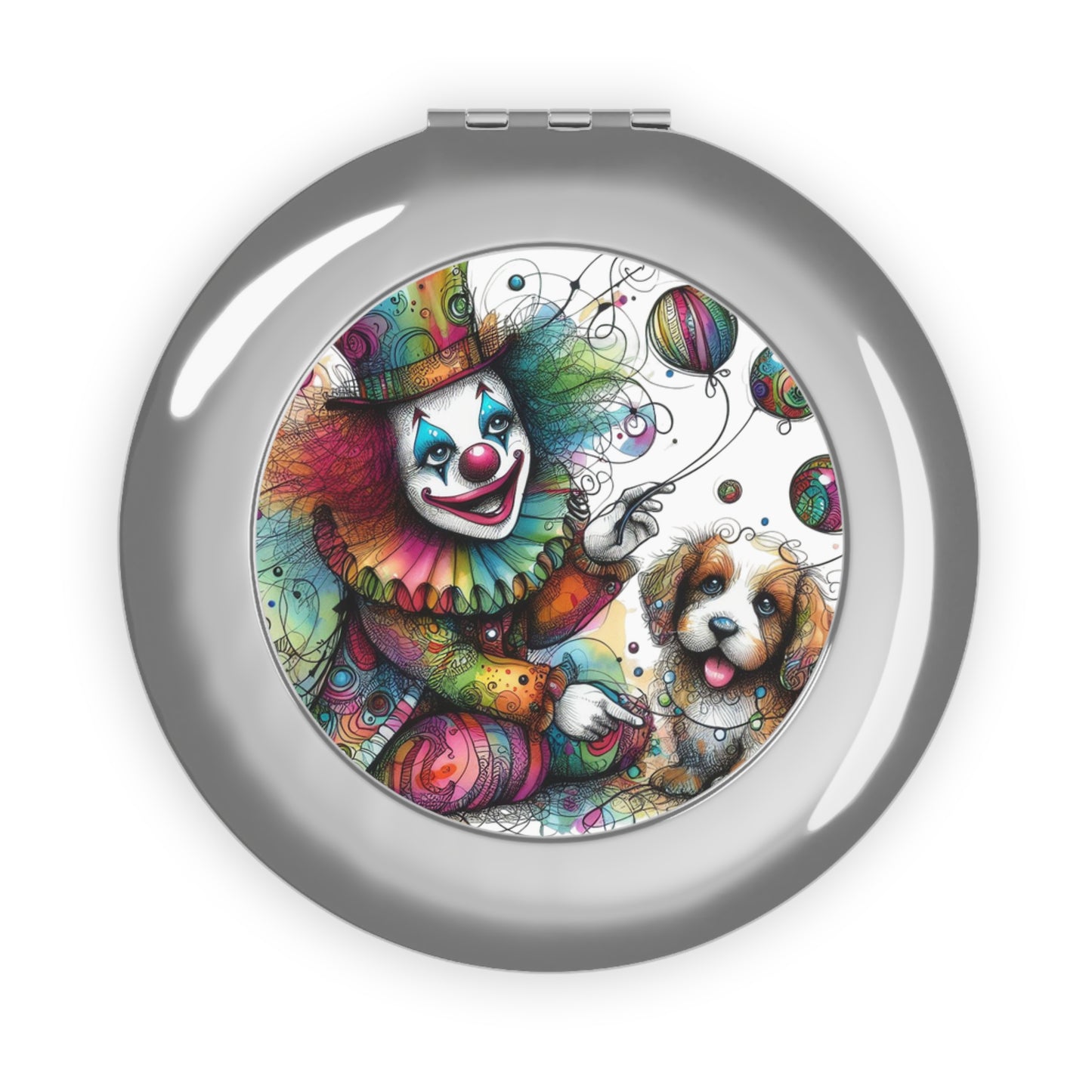 Compact Travel Mirror — Colorful Clown & Puppy Pocket Mirror
