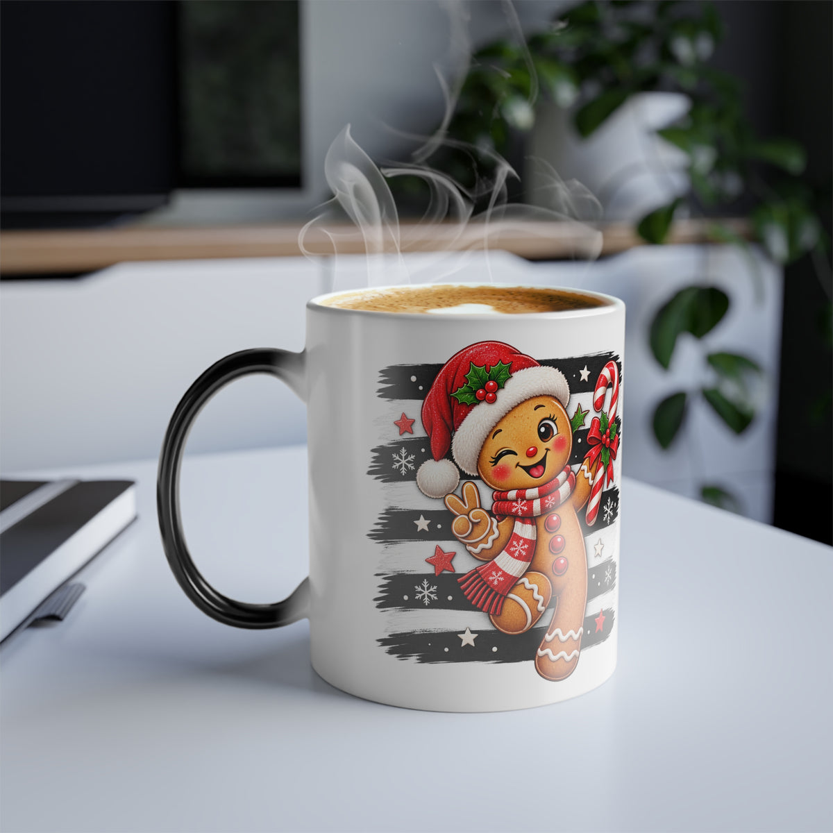 Cheerful Gingerbread Man in Santa Hat with Candy Cane Color Morphing Mug