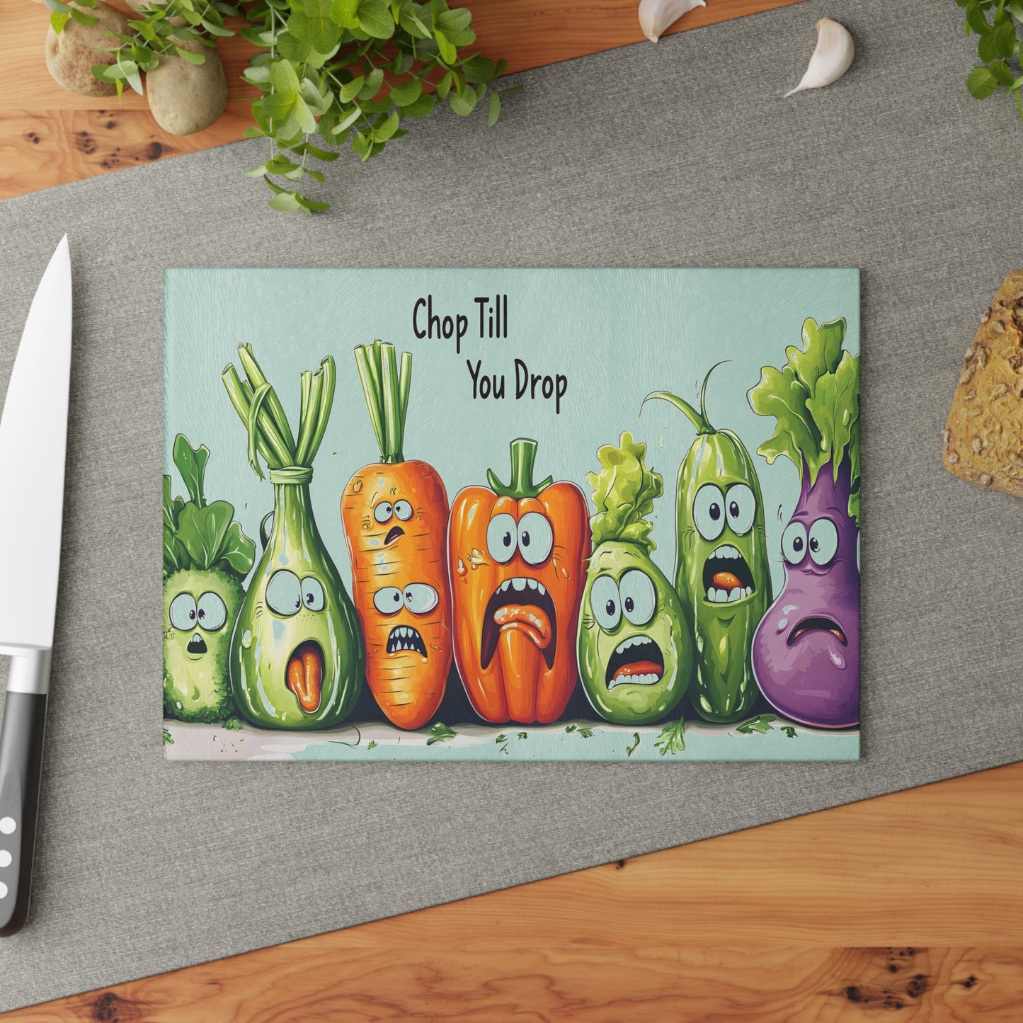 Funny Vegetable Glass Cutting Board - 'Chop Till You Drop' Design