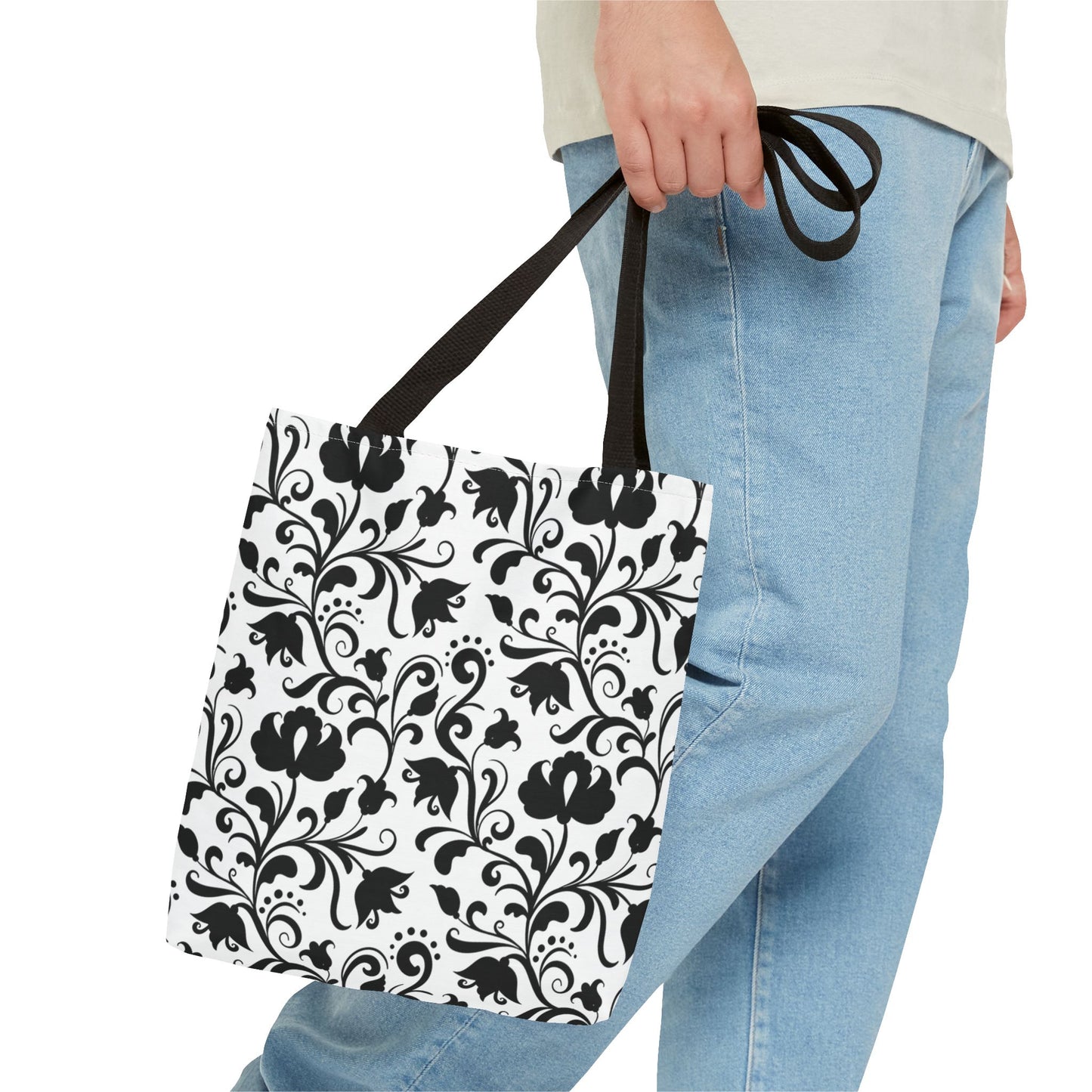 Black and White Floral Tote Bag - Stylish AOP Fashion Everyday Gift