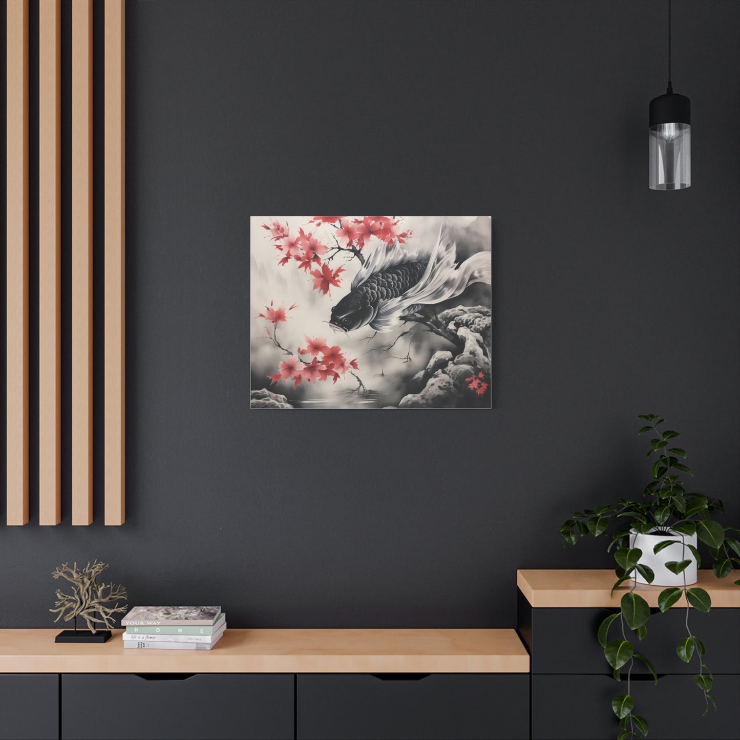 Koi Fish Artwork Canvas Wall Art Print - Elegant Decorative Wall Art with Cherry Blossoms