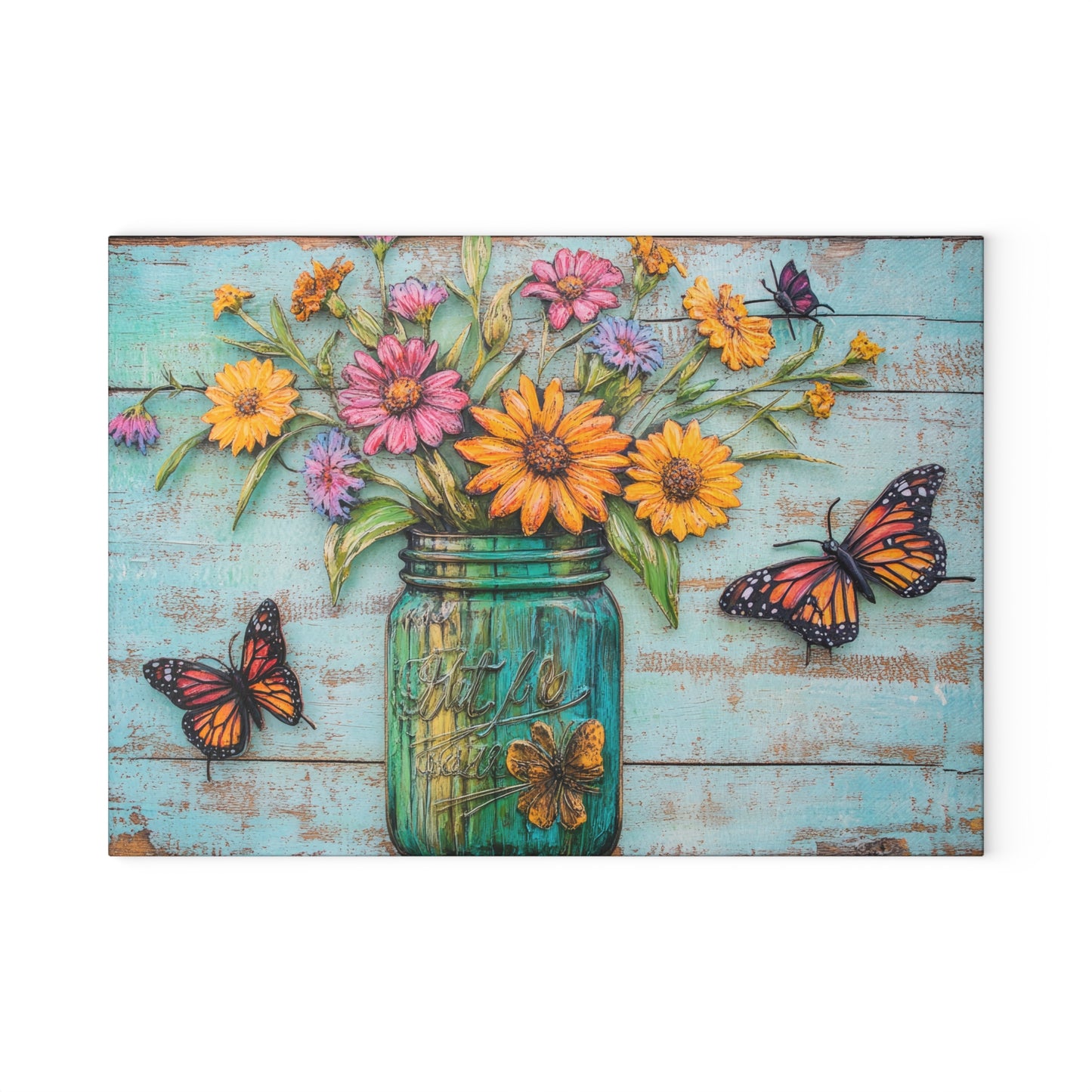 Mason Jar Floral with Butterflies Glass Cutting Board