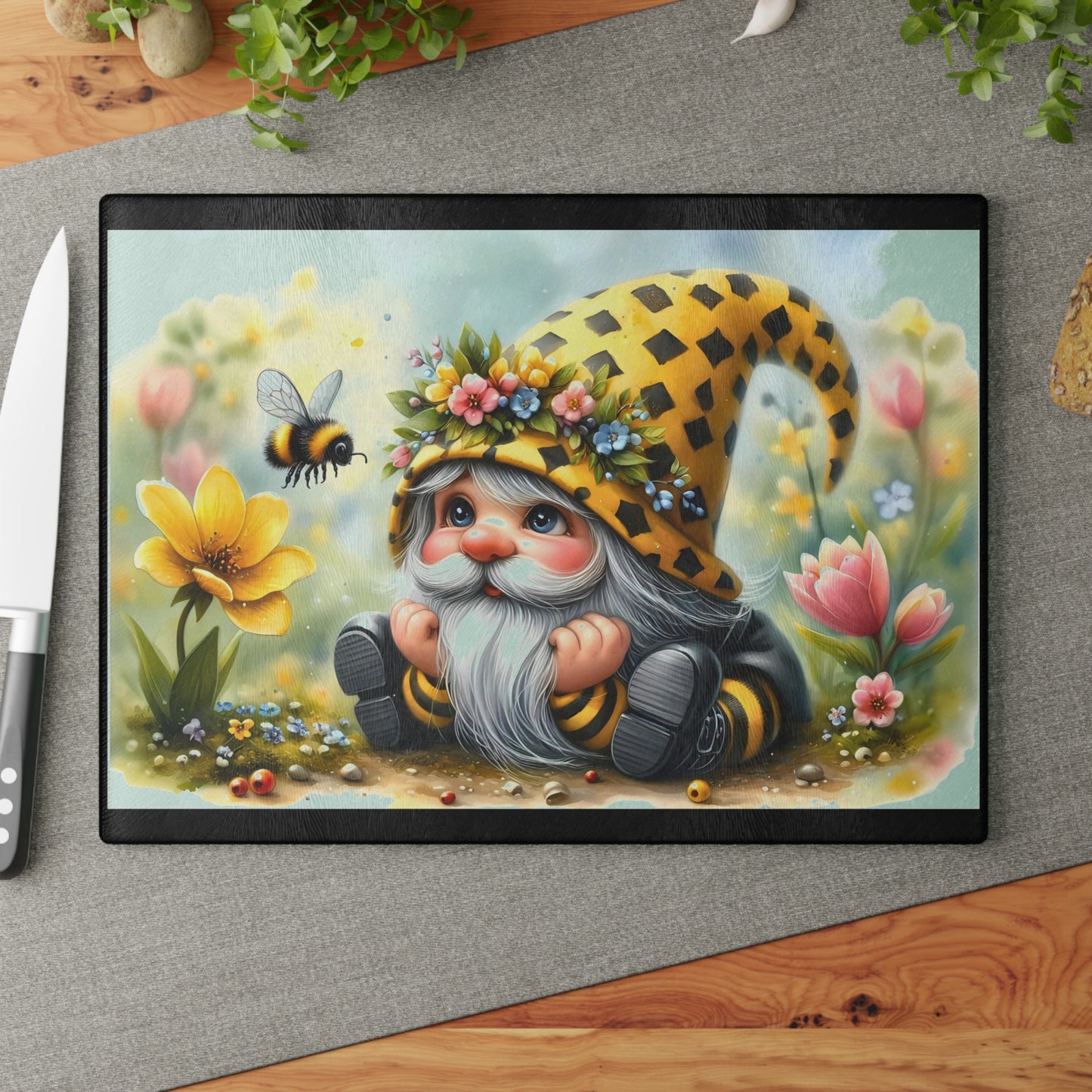 Glass Cutting Board — Cute Bee Gnome Floral Kitchen Cutting Board