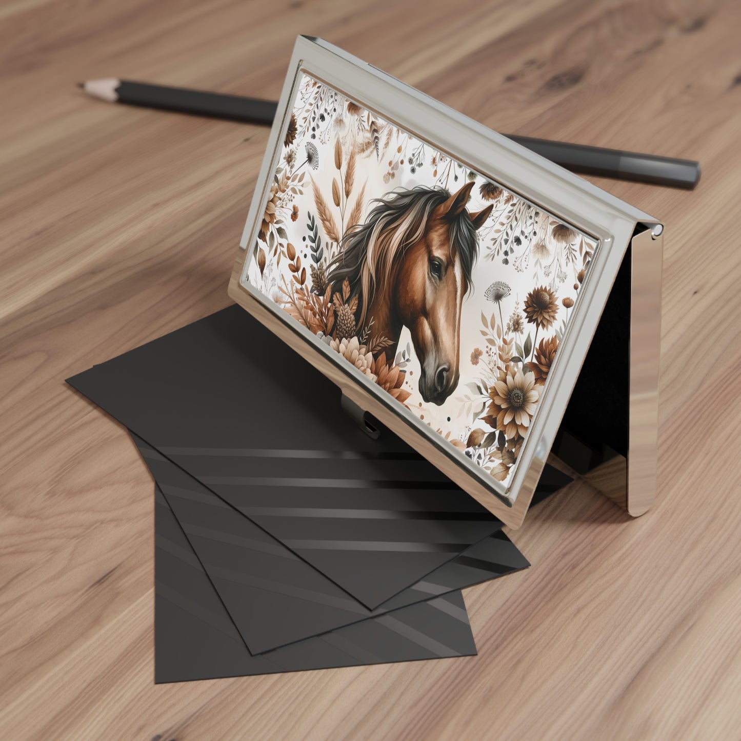 Horse Floral Business Card Holder — Rustic Brown Equestrian Metal Case