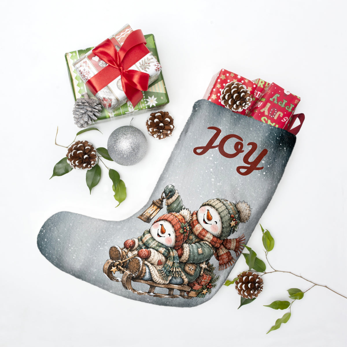 Personalizable Christmas Stocking - Joy Snowmen Christmas Stocking