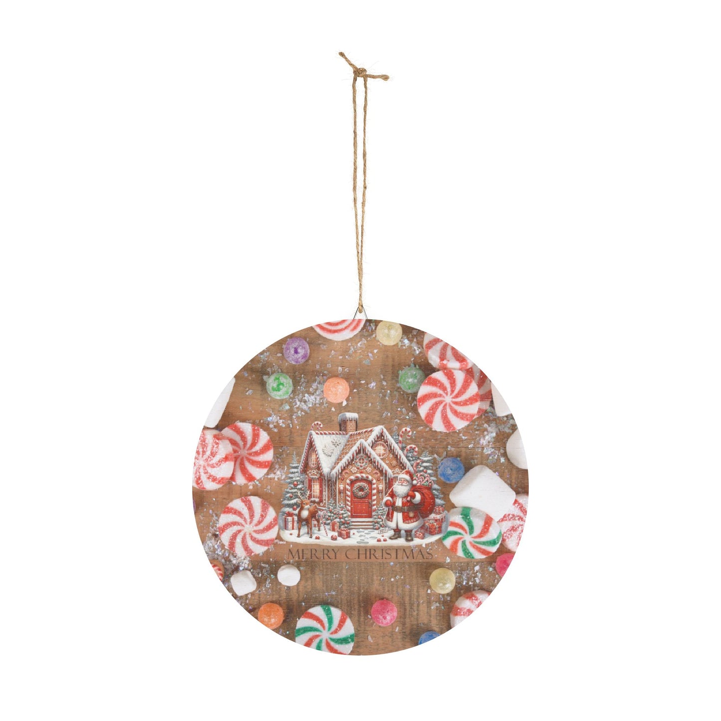 Rustic Charm Gingerbread House & Santa Claus Wood Signs With Candy Background.