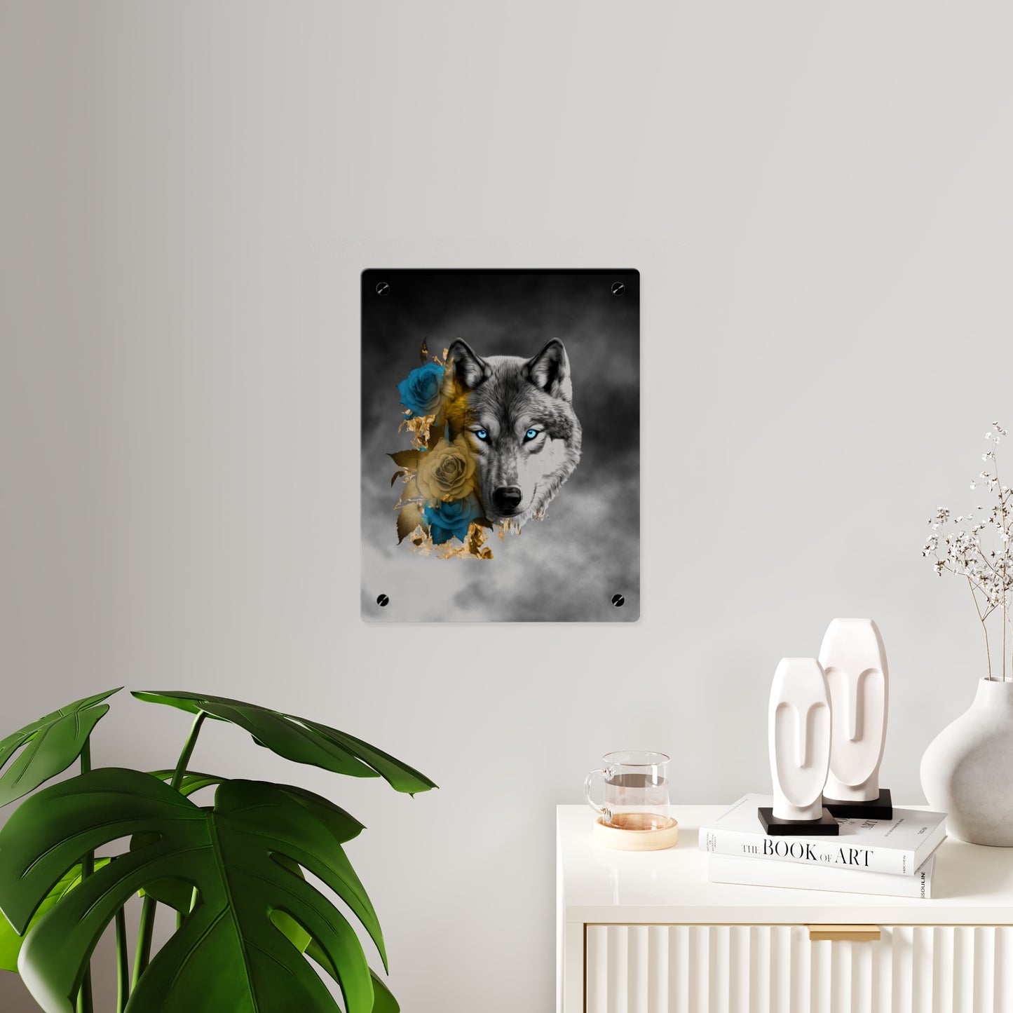 Lively Wolf Acrylic Wall Art Panel - Blue Roses Decor