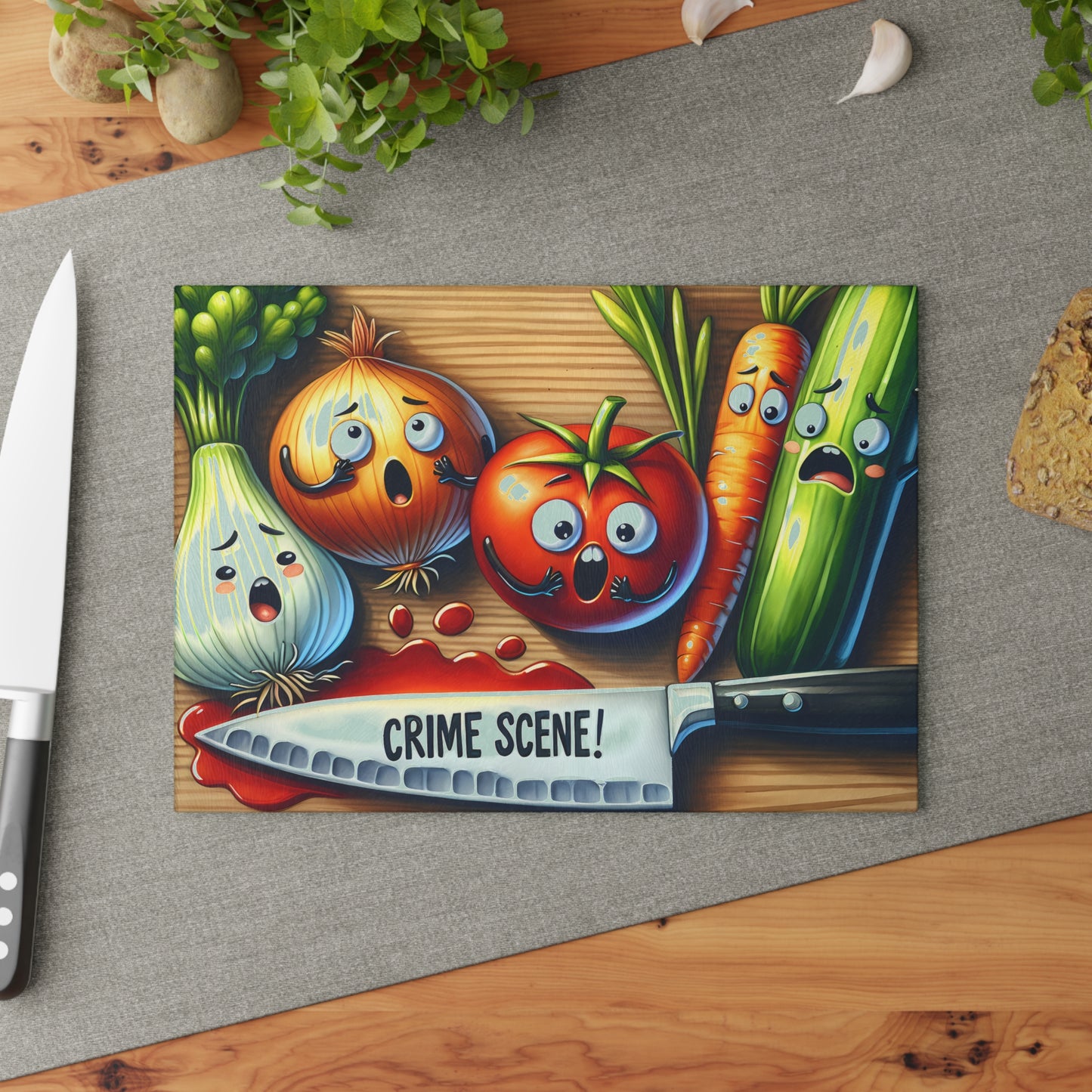 Funny Crime Scene Glass Cutting Board - Cartoon Veggies Design