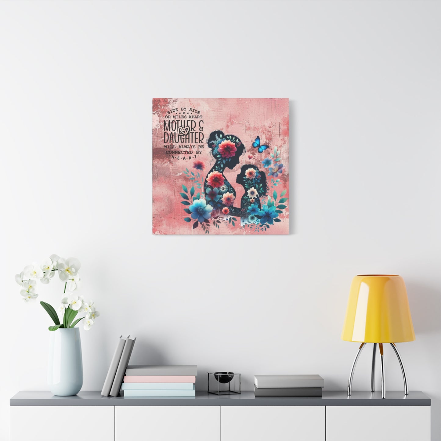 Mother-Daughter Love With Floral And Butterfly Canvas Wall Art Print