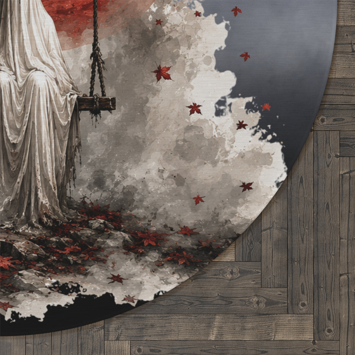 Halloween Swinging Ghost Red Moon Round Rug