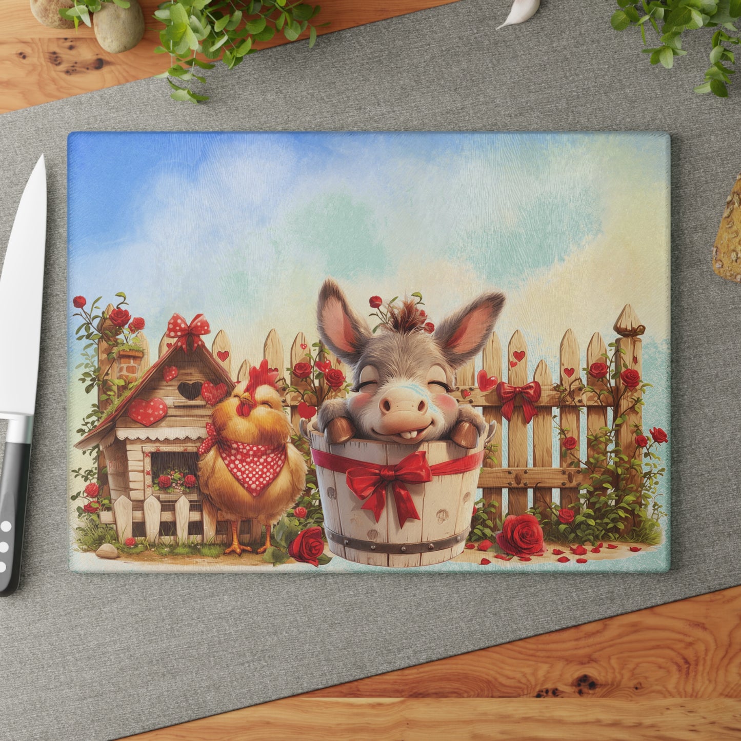 Glass Cutting Board - Cute Farm Donkey & Chicken Kitchen Decor, Heart Garland Rustic Countryside