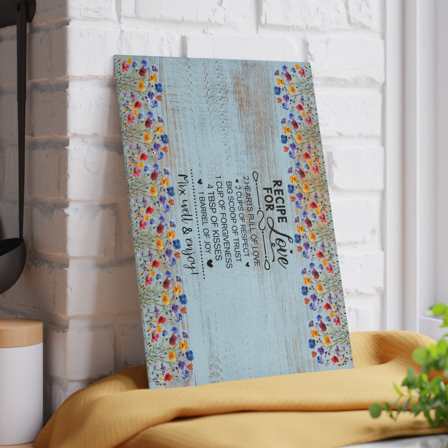 Glass Cutting Board - "Recipe for Love" Floral Kitchen Decor, Decorative Tempered Glass Chopping Board, Wedding & Mother’s Day Gift