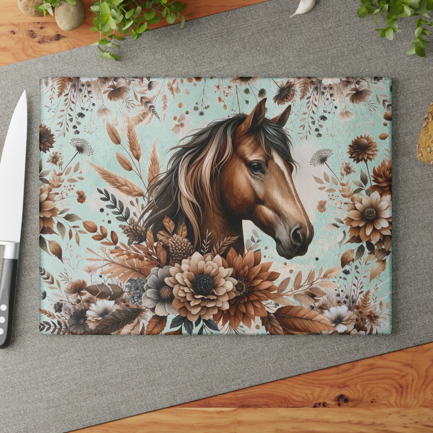 Equestrian Floral Glass Cutting Board - Perfect for Horse Lovers and Kitchen Decor