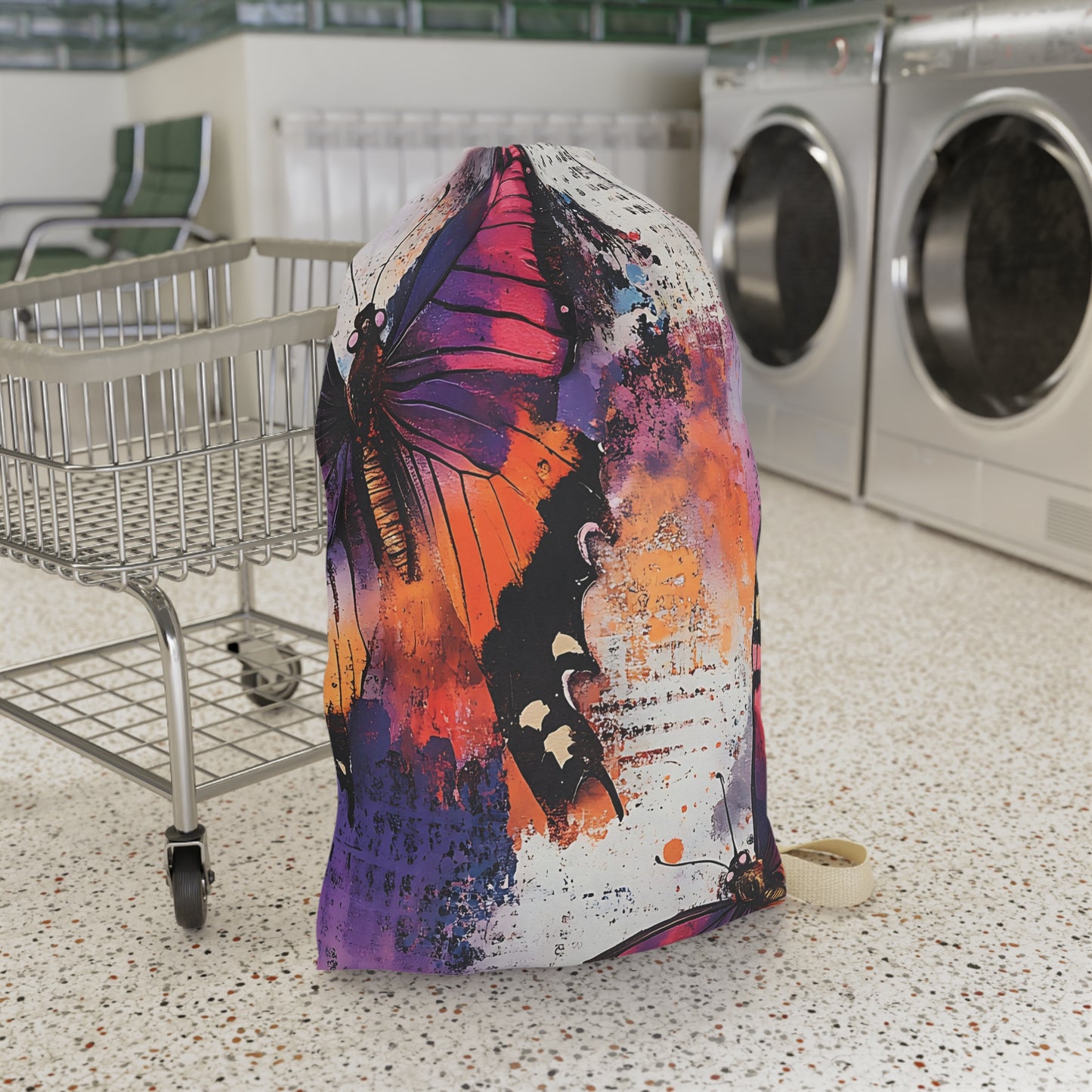 Butterfly Art Laundry Bag — Colorful Watercolor Wings Drawstring Laundry Tote