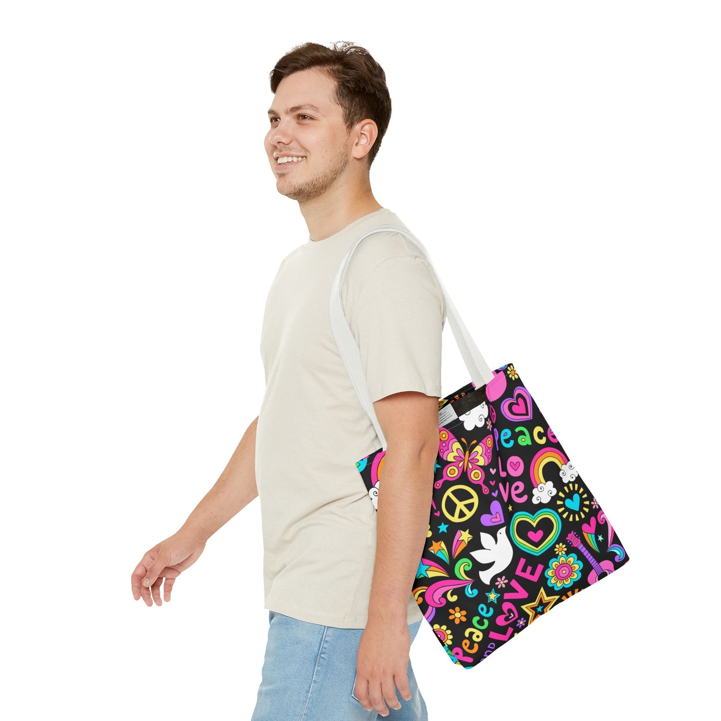 Fashionable Tote Bag (AOP), Stylish, Peace Lovers, Hippie Theme, Great Gift Idea for Birthdays, Holidays or Any Occasion for Anyone