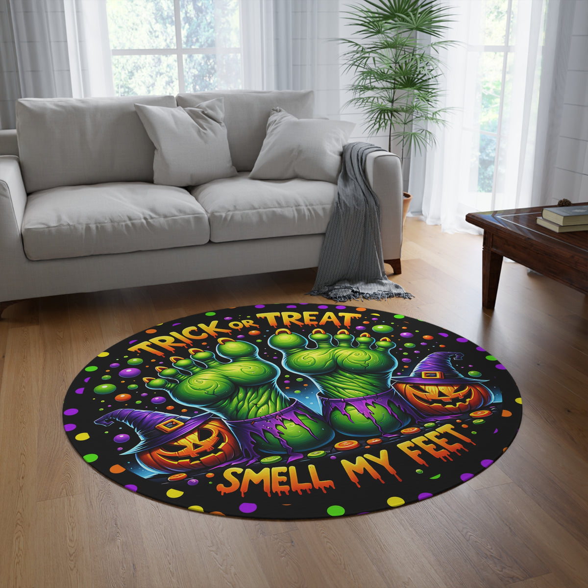 Halloween Round Floor Rug — “Trick or Treat, Smell My Feet” Monster Feet Round Floor Rug Decor