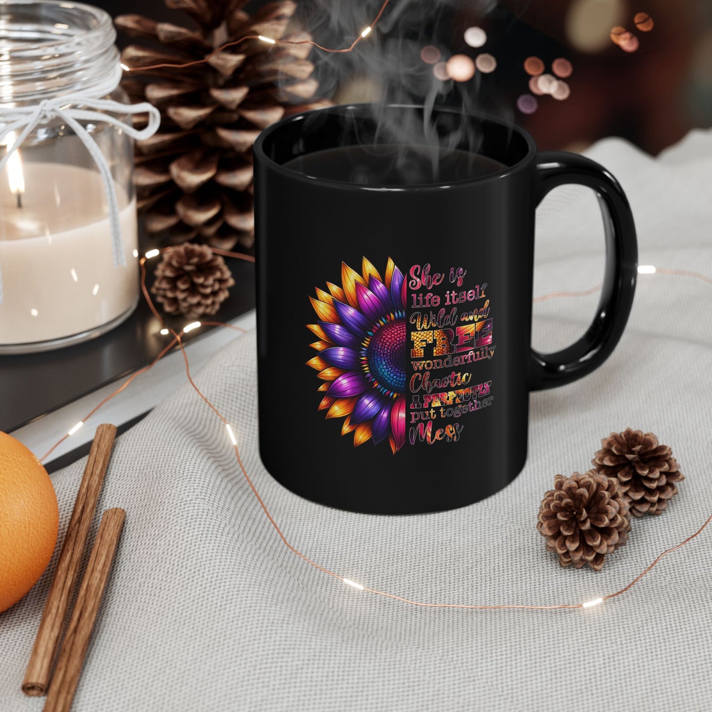 Inspirational Black Mug with Colorful Flower Design - Perfect Gift for Women