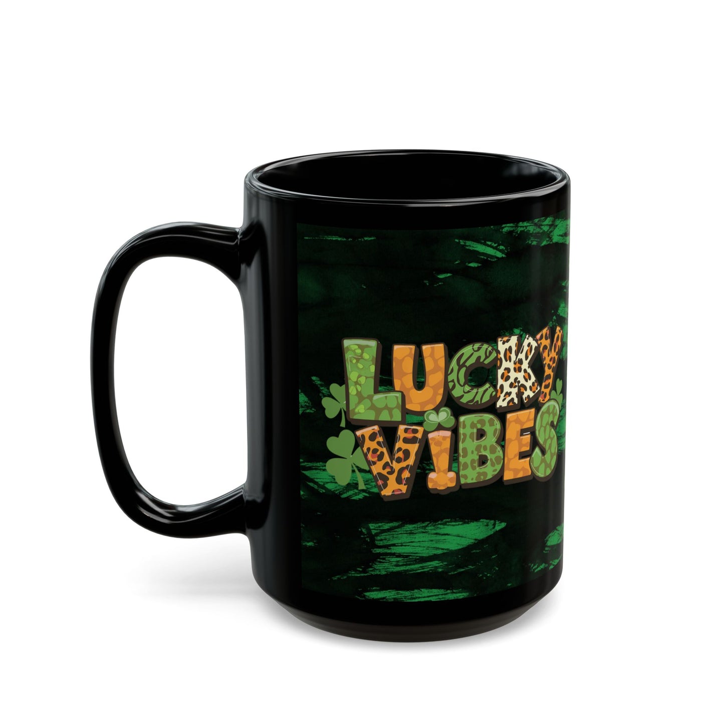 Lucky Vibes Black Mug — St. Patrick’s Day Leopard Print Shamrock Coffee Cup (11oz/15oz)