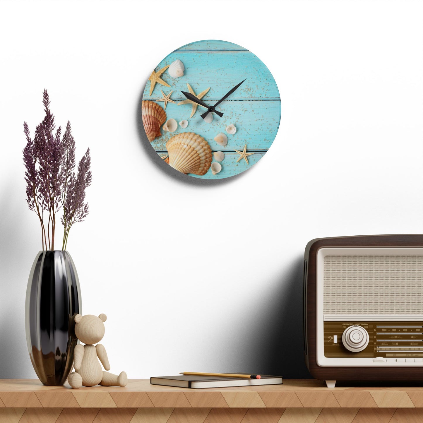 Sea Shells Acrylic Wall Clock - Coastal Beach Home Office Decor