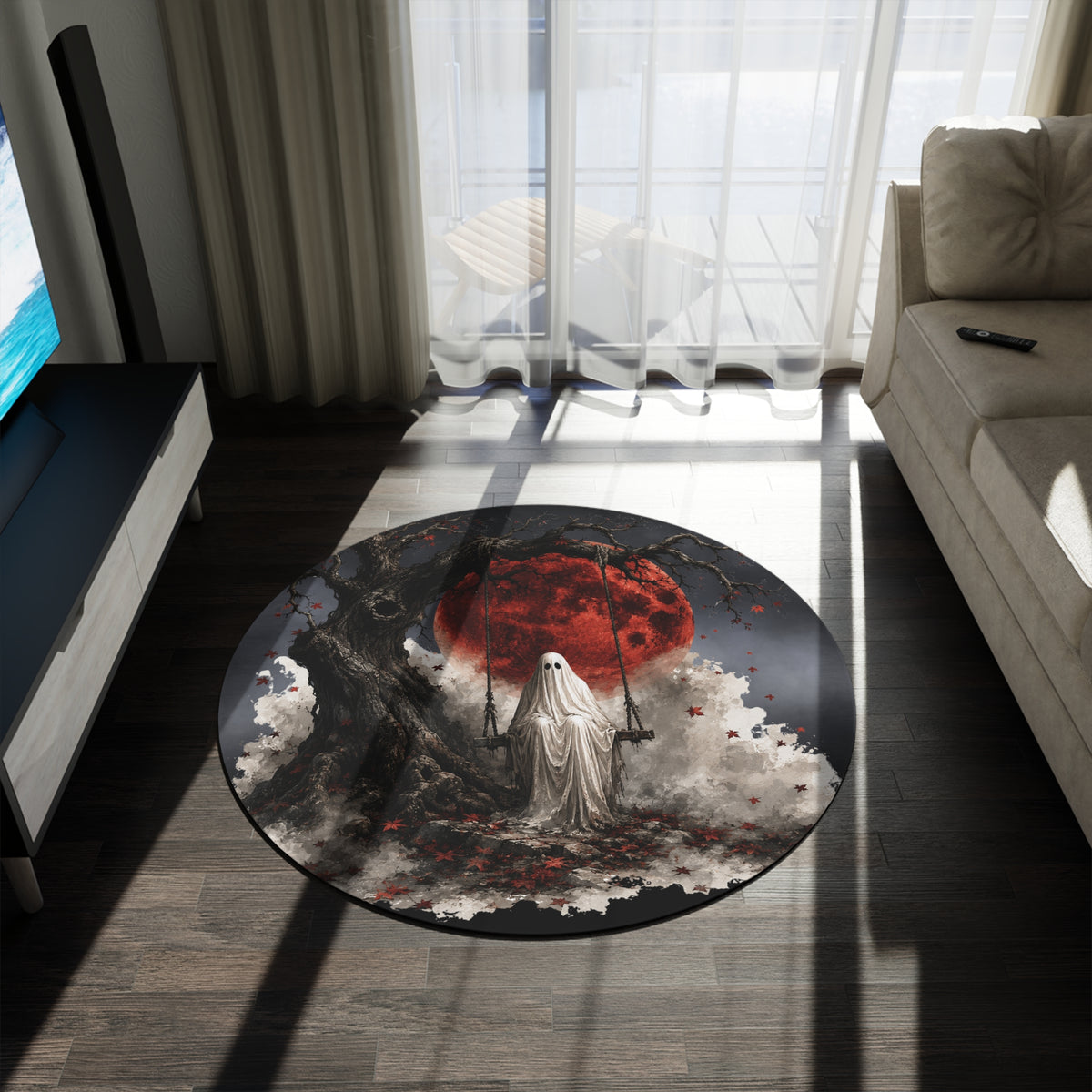 Halloween Swinging Ghost Red Moon Round Rug