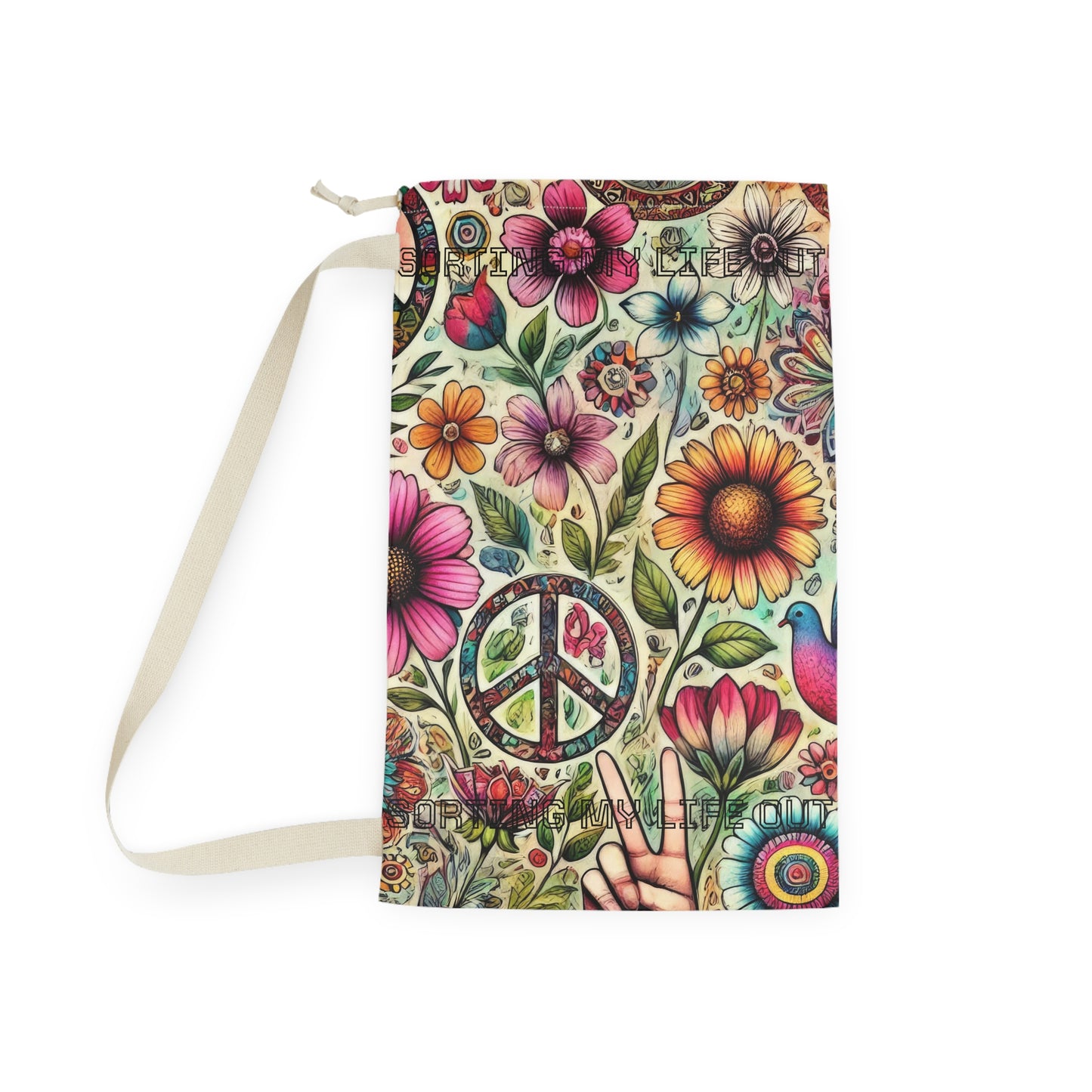 Floral Peace Laundry Bag — Boho Hippie Drawstring Hamper - "Sorting My Life Out" saying