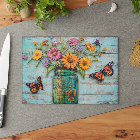 Mason Jar Floral with Butterflies Glass Cutting Board