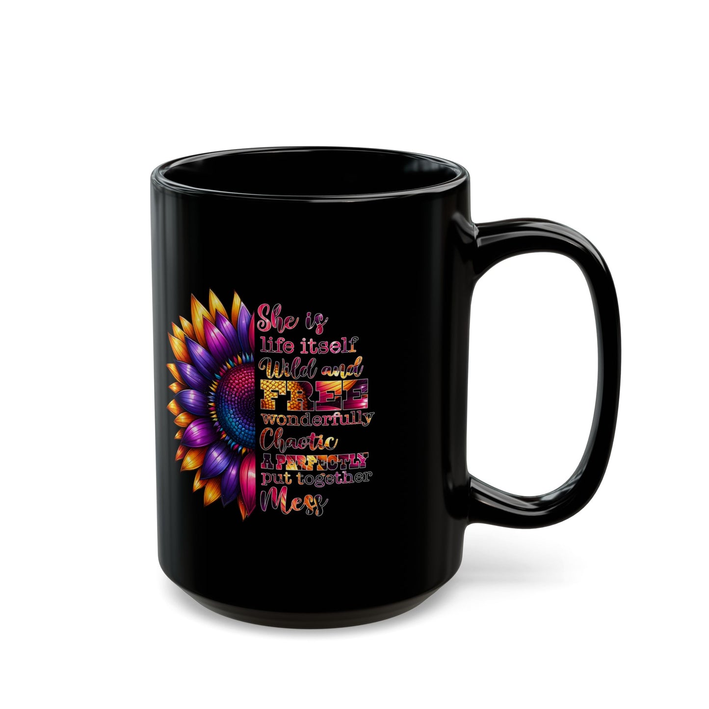 Inspirational Black Mug with Colorful Flower Design - Perfect Gift for Women