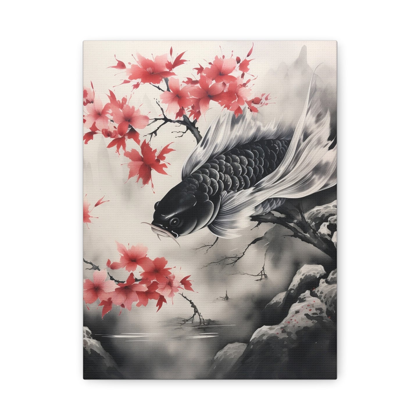 Koi Fish Artwork Canvas Wall Art Print - Elegant Decorative Wall Art with Cherry Blossoms