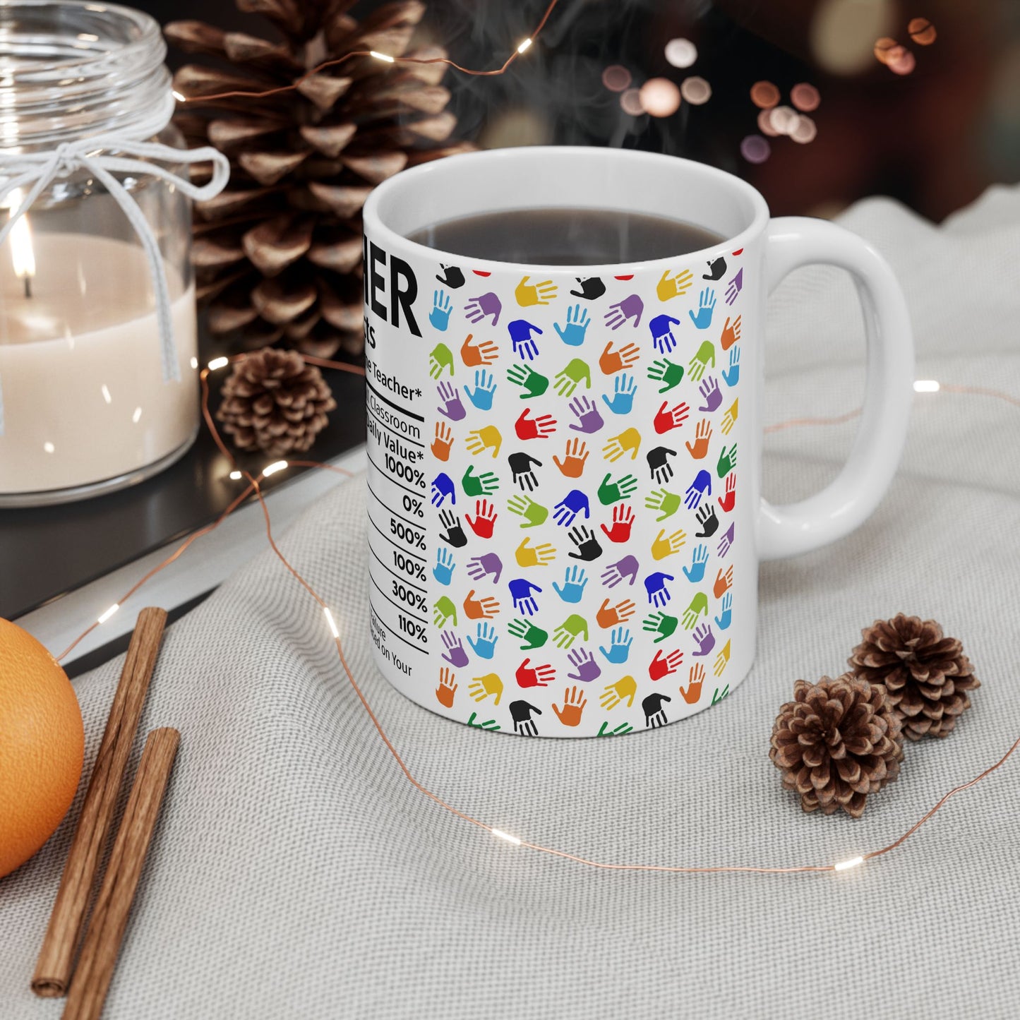Education Theme Ceramic Mug, (11oz, 15oz), Cute Teacher Nutrition Fact Expression with Hand Prints, Gift Idea for Educators, Coffee, Tea, Hot Chocolate Lovers